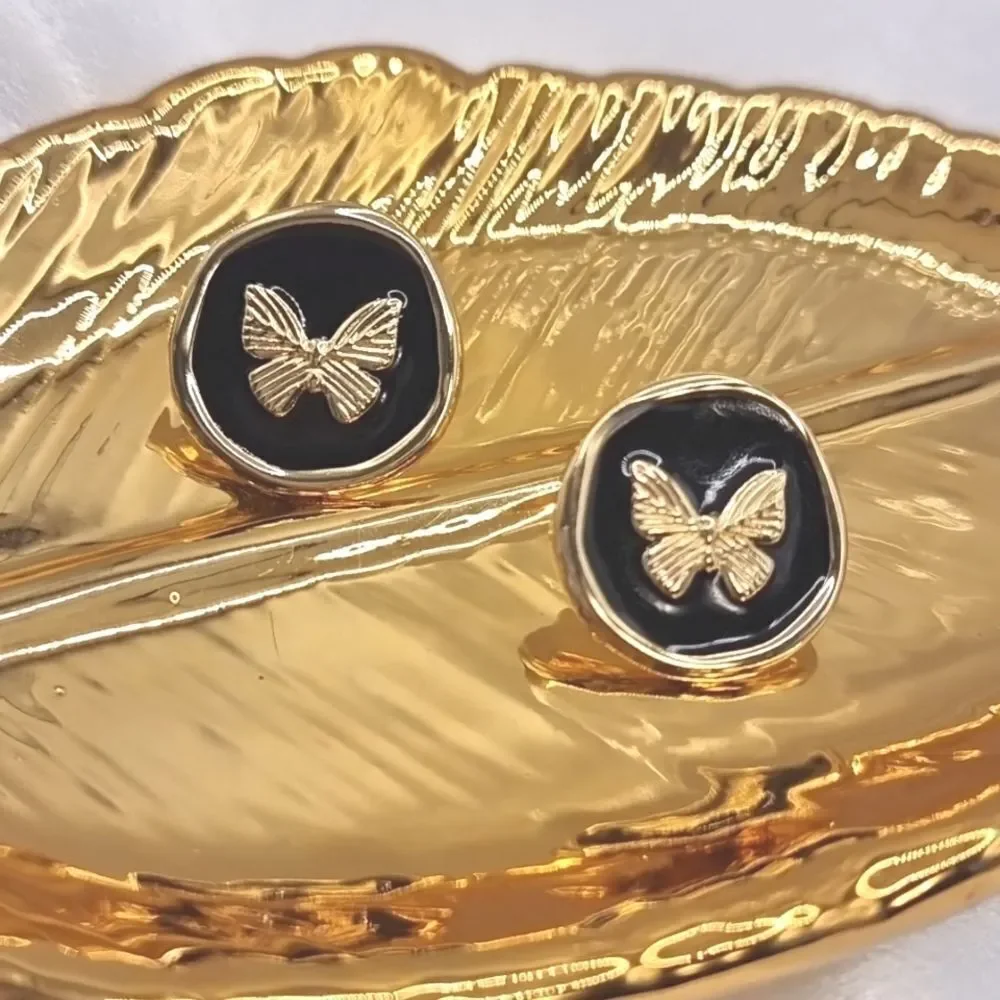 New! Vintage Style Black Enamel Gold Butterfly Stud Earrings Gold Plated A4 NWOT